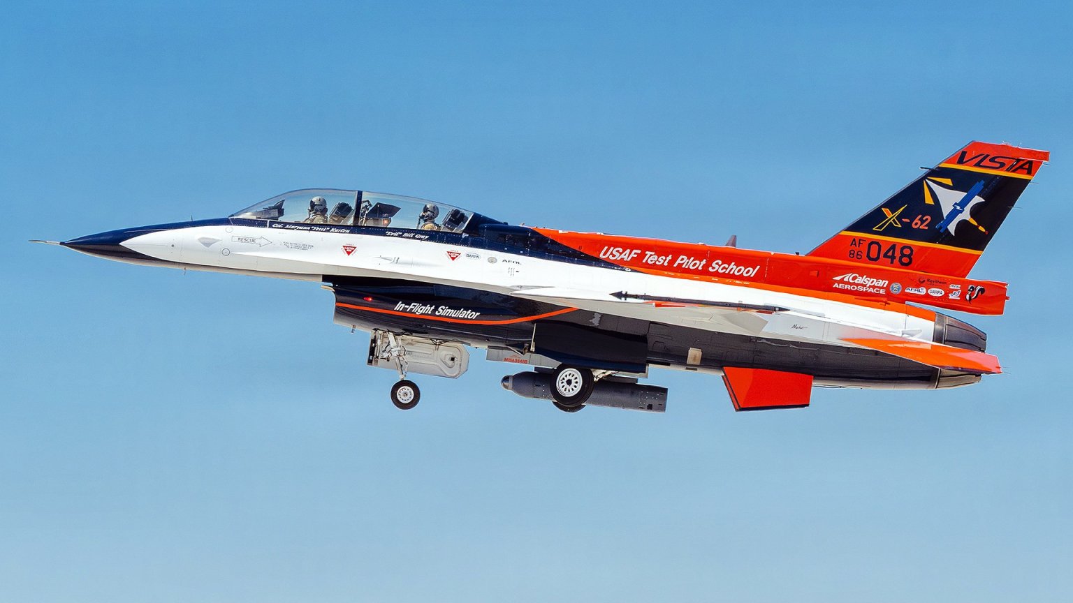 X-62A VISTA in flight with an infrared search and track pod